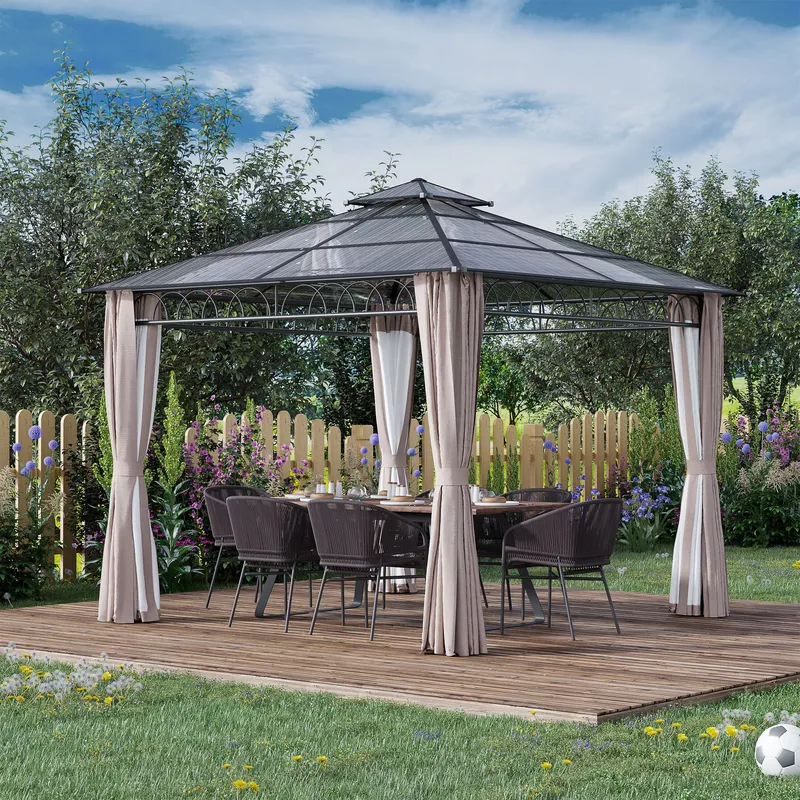 Outsunny Double Roof Hard Top Gazebo with Nettings & Curtains in Khaki Khaki