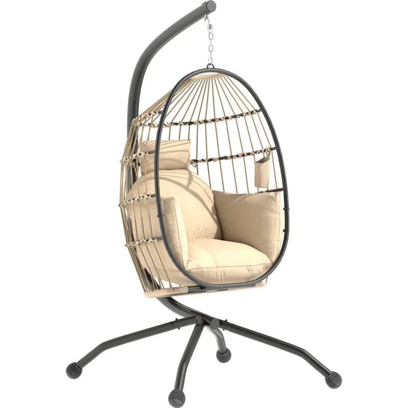 Outsunny Egg Chair Outdoor Indoor Garden Swing Chair, Folding Basket, Khaki