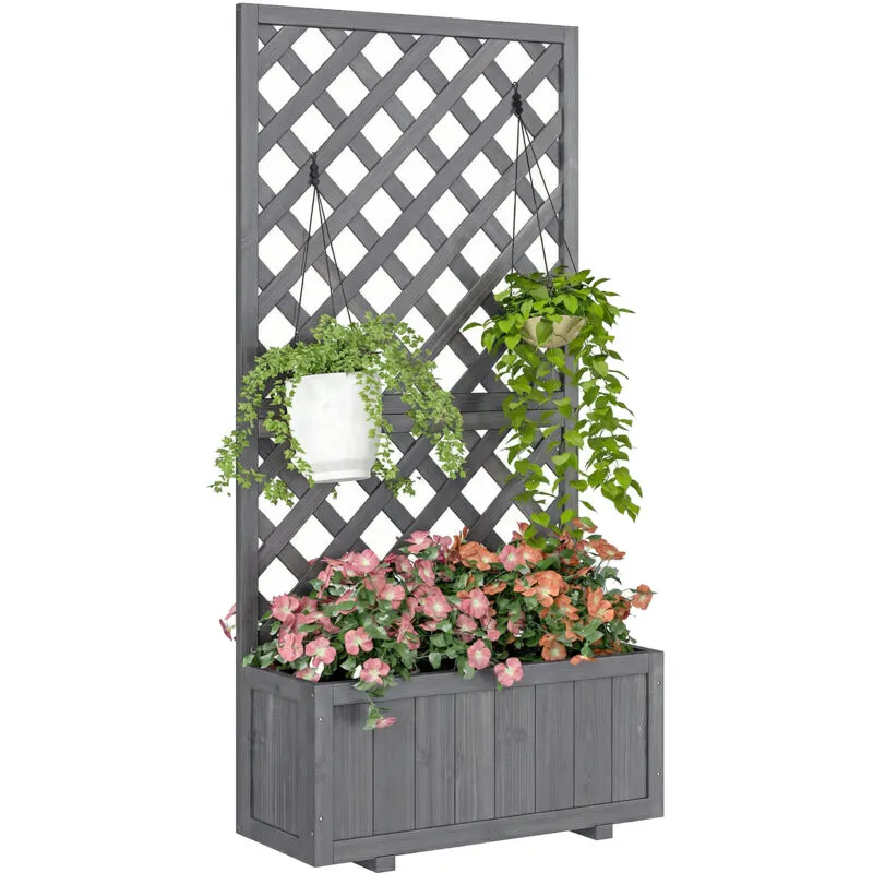 Outsunny Flower Stand Plant Shelf Outdoor Pine w/ Trough Planter Grey