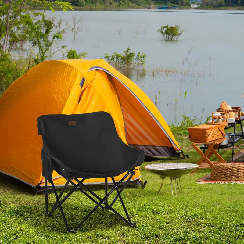 Outsunny Folding Camping Chair with Carrying Bag & Storage Pocket in Black Black