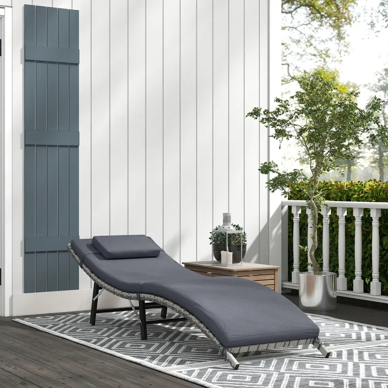 Outsunny Folding Rattan Sun Lounger Outdoor Chair with Cushion & Pillow in Grey Grey