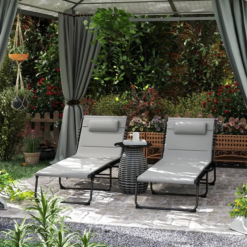 Outsunny Folding Sun Loungers Set of 2, Reclining Sun Bed, Light Grey Light Grey