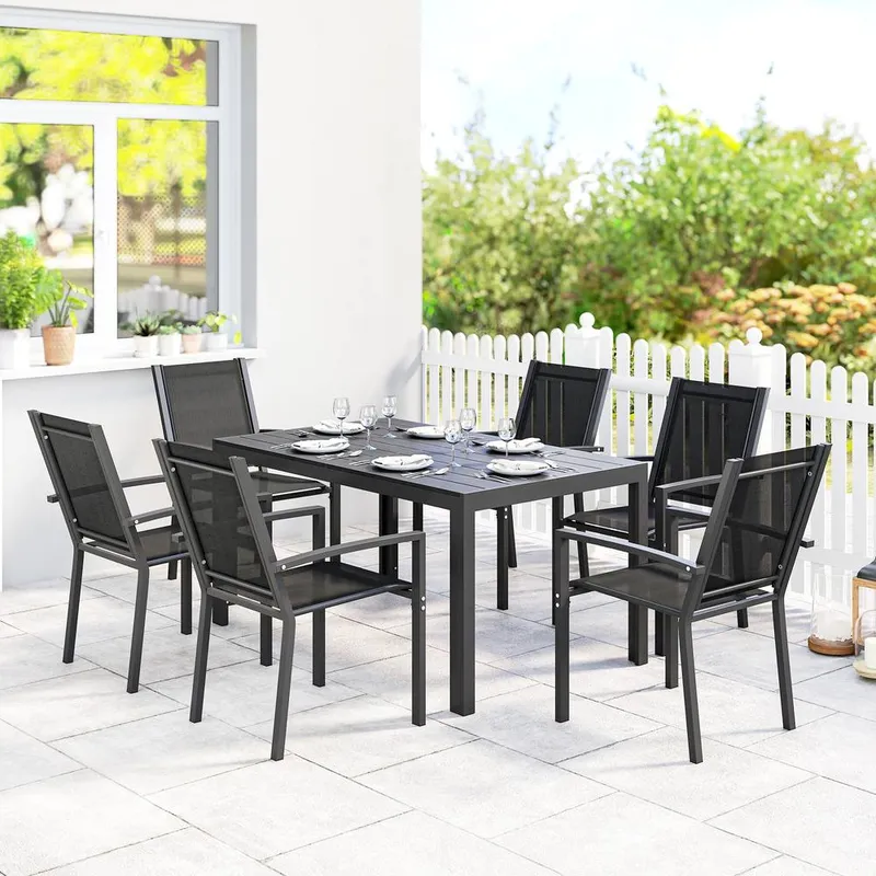 Outsunny Garden Dining Set for 6, Outdoor Dining Table & Chairs, Black Black