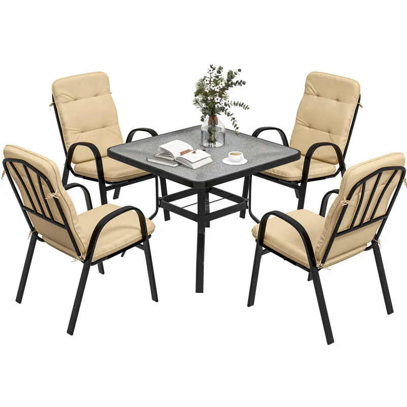 Outsunny - Garden Dining Set, Glass Table w/ Umbrella Hole Beige