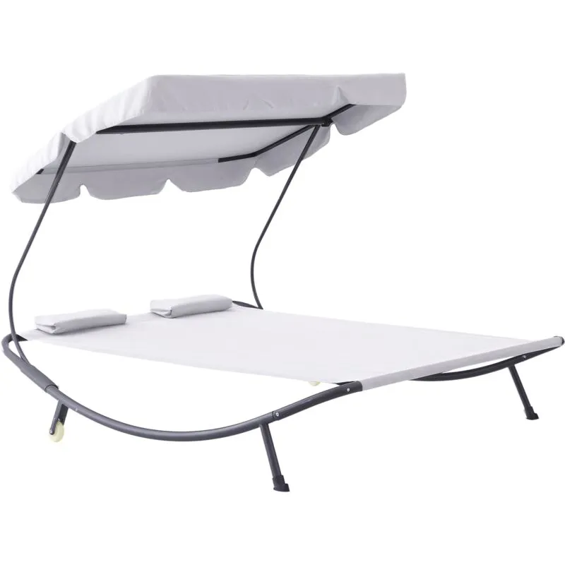 Outsunny - Garden Double Hammock Sun Lounger Day Bed Canopy 2 Pillows w/ Stand White