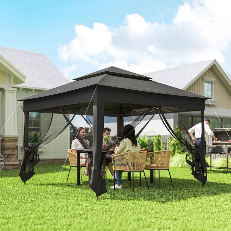 Outsunny Garden Folding Tent Heavy Duty Pop Up Gazebo for Party Black Black