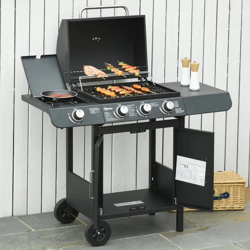 Outsunny Gas Barbecue Grill 3+1 Burner Garden Bbq w/ Large Cooking Area in Black Black