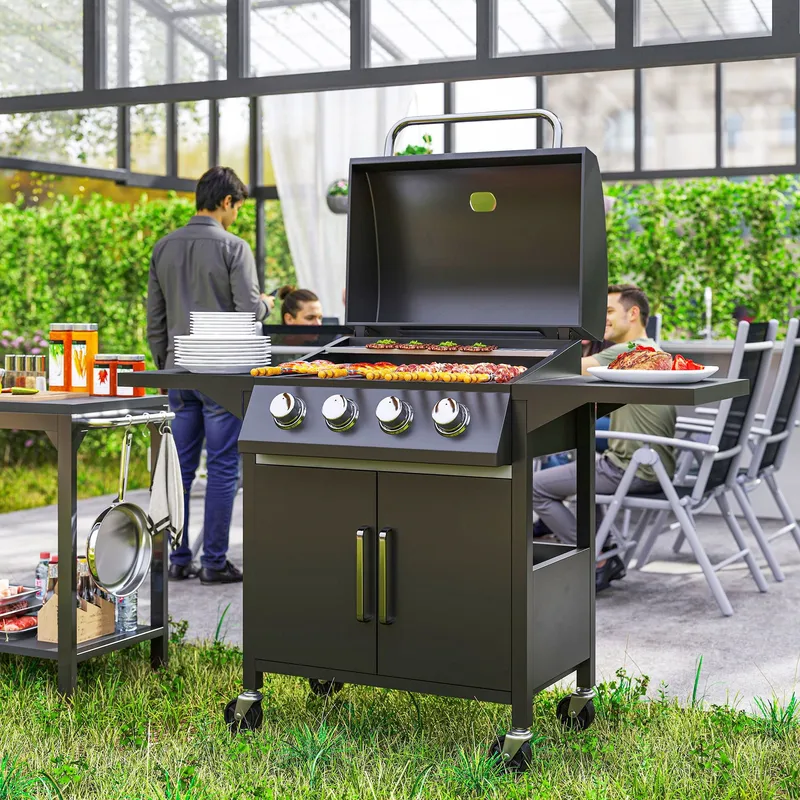 Outsunny Gas Grill Portable Bbq Trolley w/ 4 Wheels & Side Shelves in Black Black