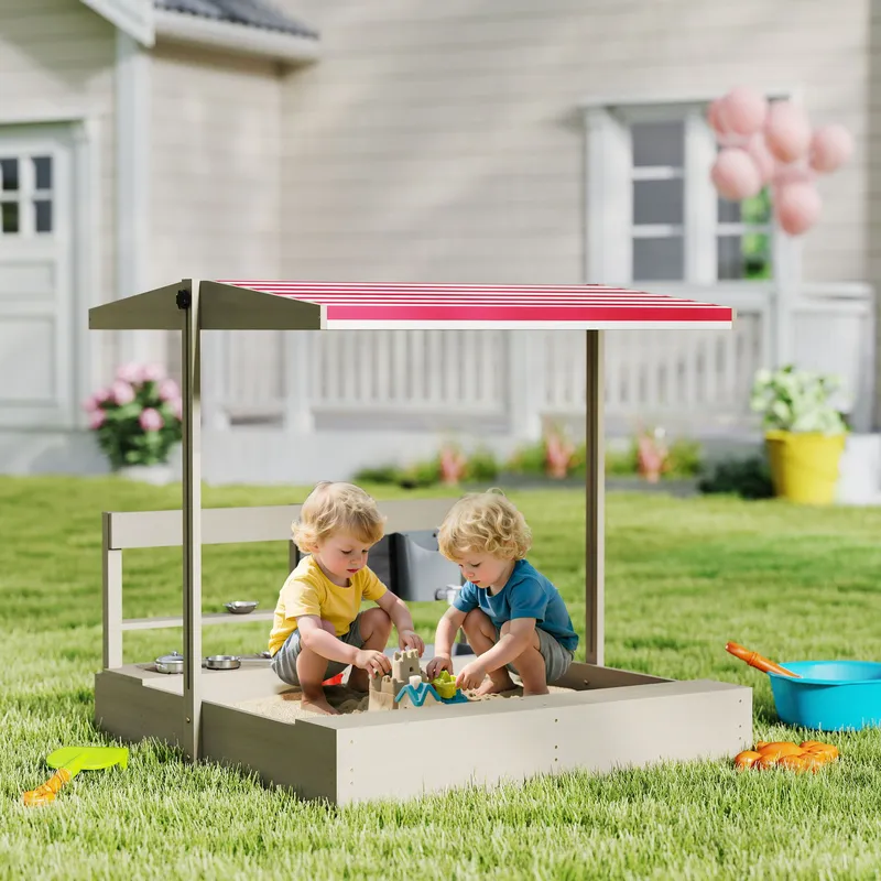 Outsunny Kids Sandbox Wooden Sand Pit with Canopy, Kitchen Toys, Seat, Storage in Grey Grey