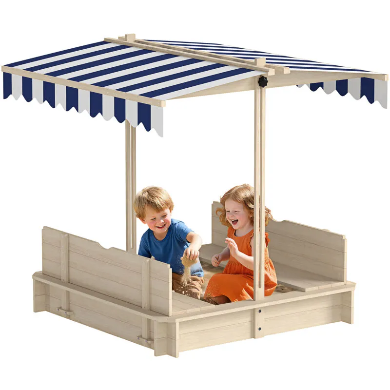Outsunny Kids Square Wooden Sandpit Children Cabana Sandbox Outdoor Playset in Blue Blue