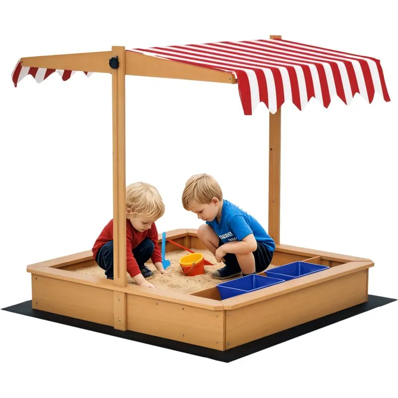 Outsunny Kids Wooden Sandbox Sand Pit Height Adjustable with Canopy Basins