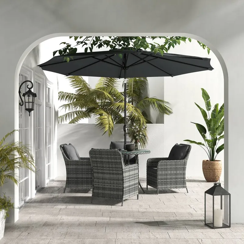 Outsunny Luxury Rattan Garden Dining Set W/ Parasol, Cushions in Mid Grey Mid Grey