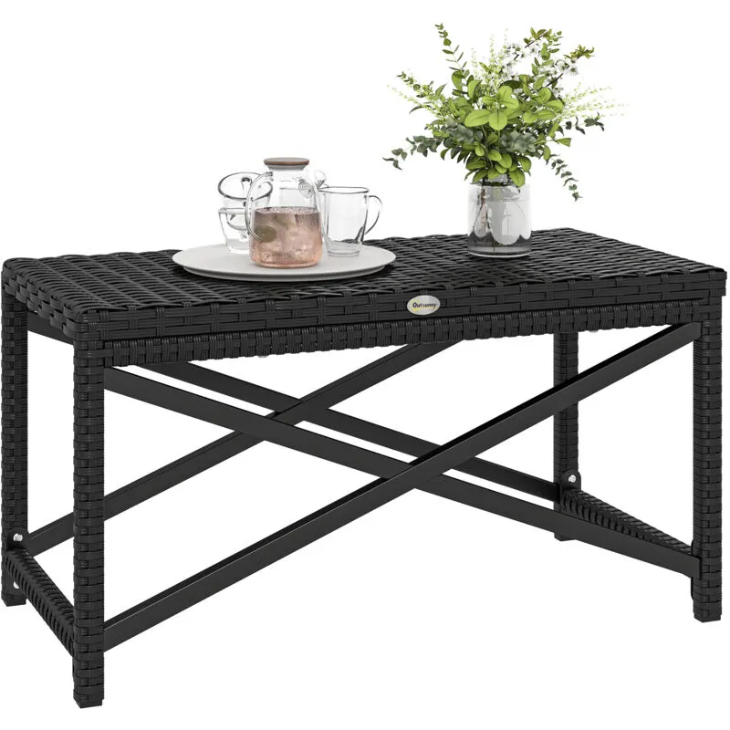 Outsunny Outdoor Coffee Table, PE Rattan Side Table w/ Plastic Board, Black