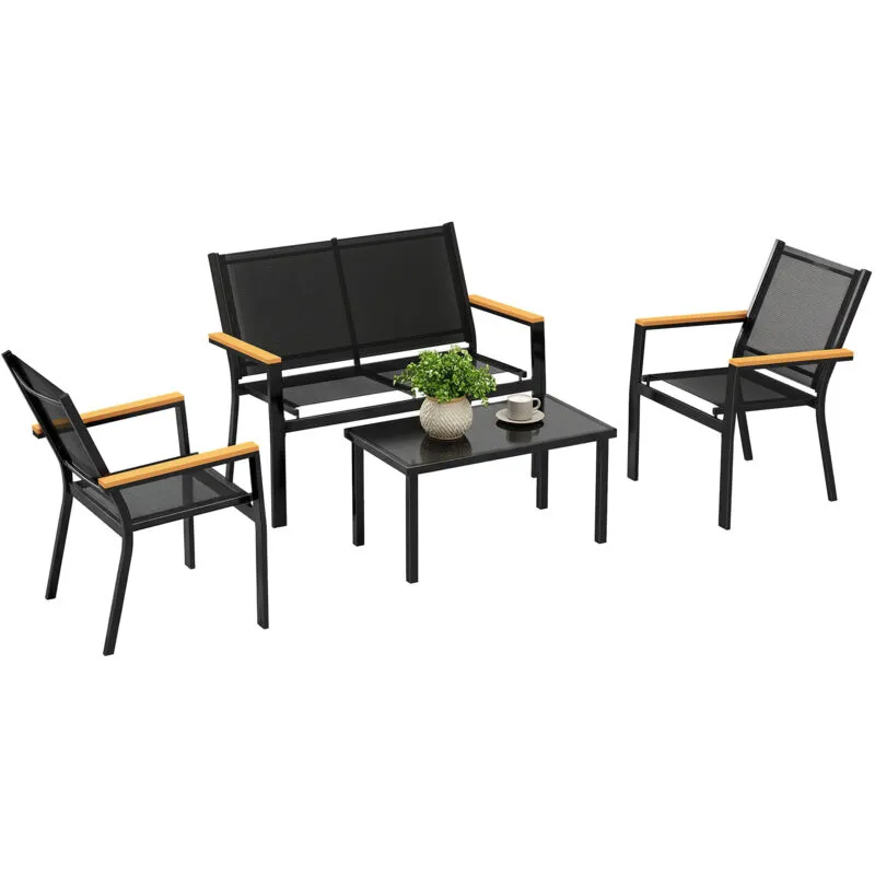 Outsunny Outdoor Sofa with Tempered Glass Top 4 Seater Black