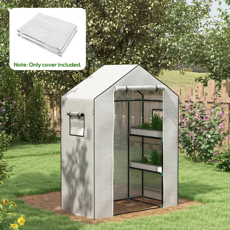 Outsunny PE Greenhouse Cover Replacement with Door & Mesh Windows in White White