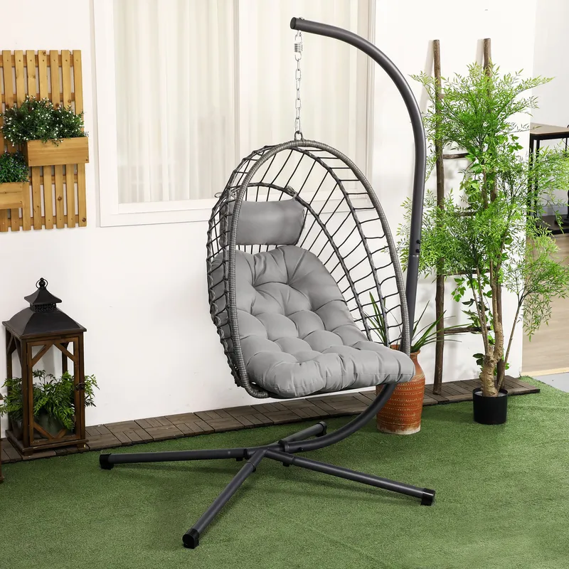 Outsunny PE Rattan Hanging Swing Chair with Thick Cushion, Patio Hanging Chair in Light Grey Light Grey