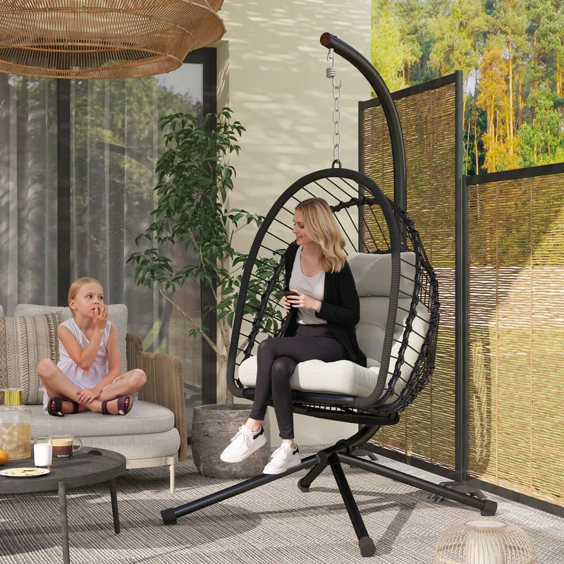 Outsunny PE Rattan Hanging Swing Chair with Thick Cushion, Patio Hanging Chair in Black Black