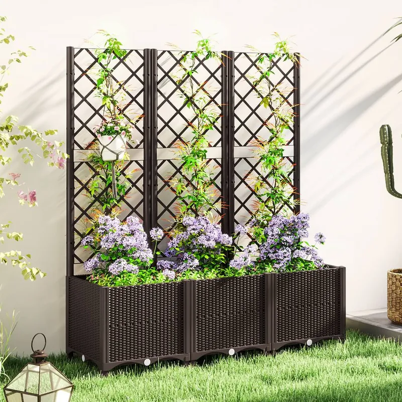 Outsunny Plastic Planter Box with Trellis, Vegetable Planter w/ Drain Plugs in Brown Brown
