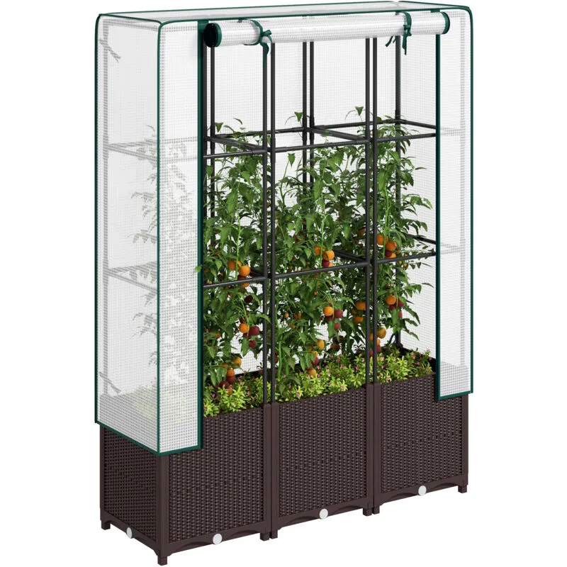 Outsunny Plastic Vegetable Planter with Trellis, 120 x 40 x 140 cm in Brown Brown 120 x 40 x 140 cm