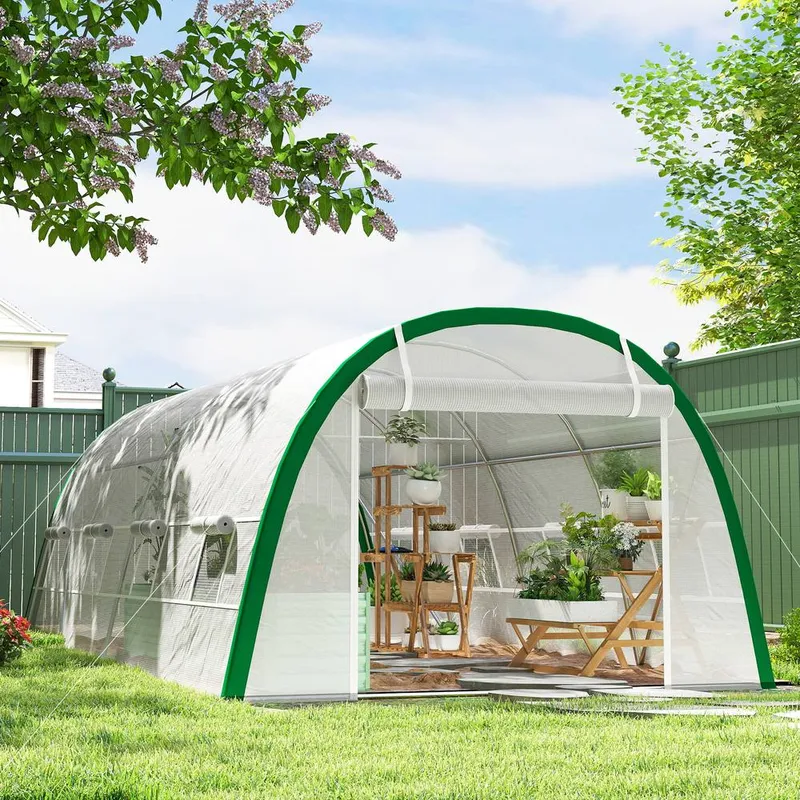Outsunny Polytunnel Greenhouse Tunnel Warm House Tent with PE Cover, White