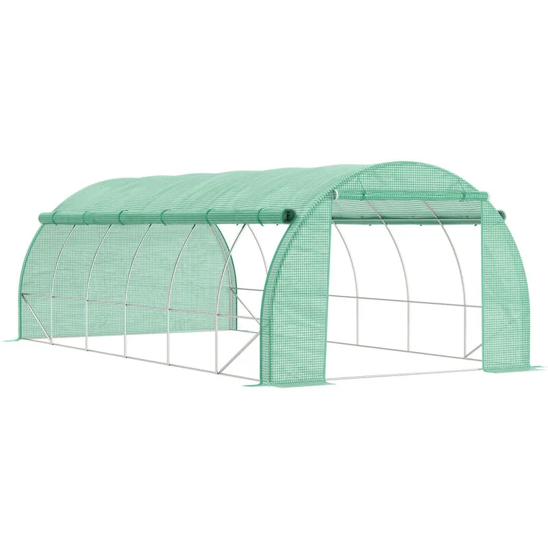 Outsunny Polytunnel Greenhouse with Roll-up Side Walls in Green Green