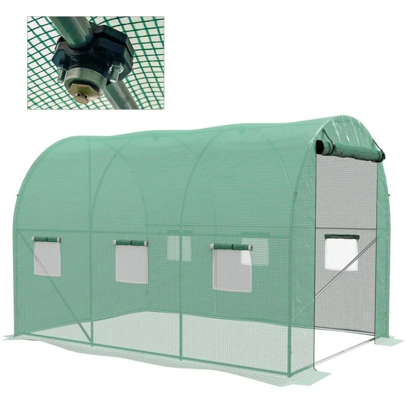 Outsunny Polytunnel Greenhouse with Sprinkler System, Walk-in Green House for Garden with Wide Roll-up Door, 6 Mesh Windows, Green Green
