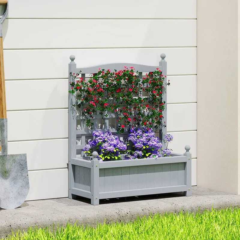 Outsunny Raised Garden Bed with Trellis Garden Planters Indoor Grey Grey