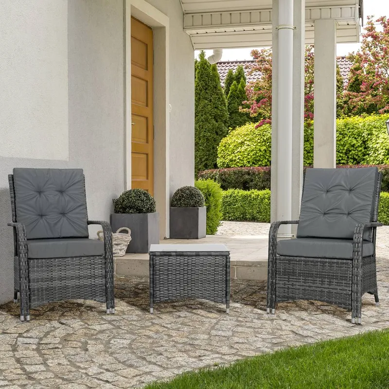 Outsunny Rattan 3PCs Chair Table Bistro Set Patio Set w/ Steel Frame in Grey Grey