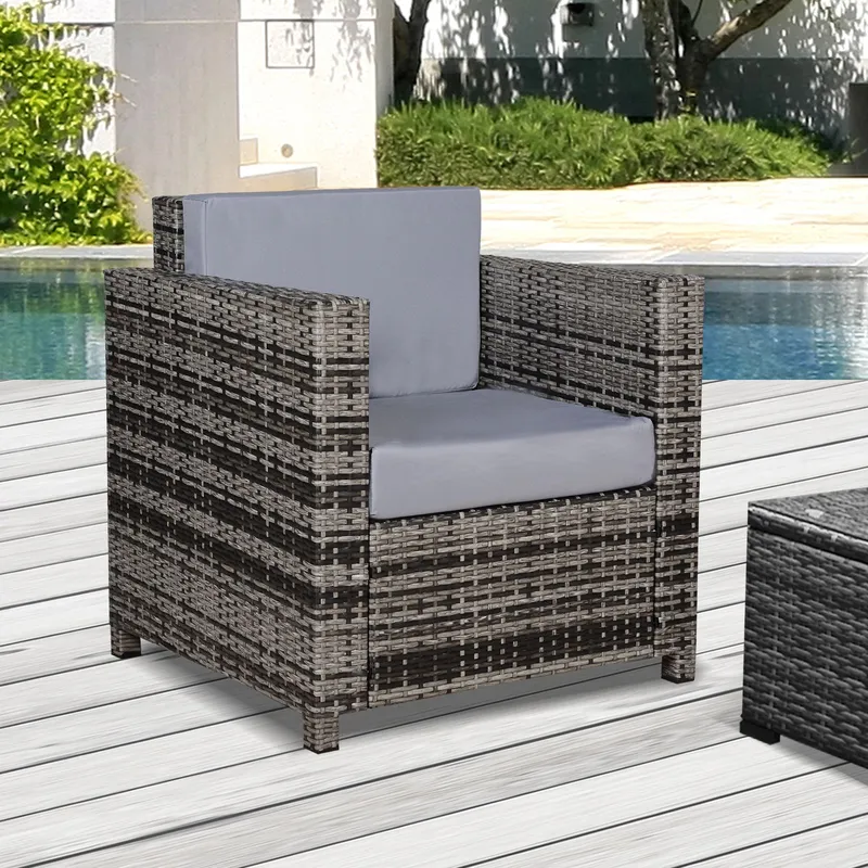 Outsunny Rattan Garden Armchair, Cushioned Single Rattan Chair in Grey Grey