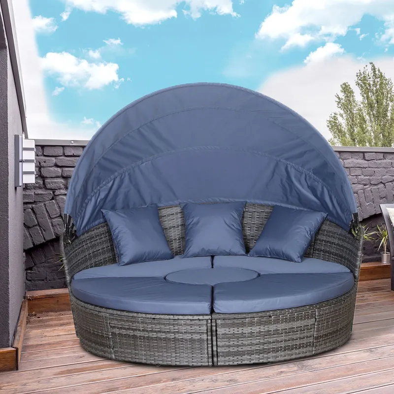 Outsunny Rattan Garden Daybed Sun Lounger Sofa Set w/ Canopy in Grey Grey