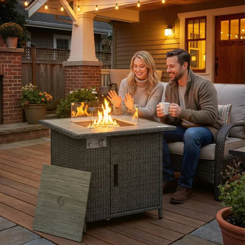 Outsunny Rattan Gas Fire Pit Table with Rain Cover, Wind Guard, 14.5 KW