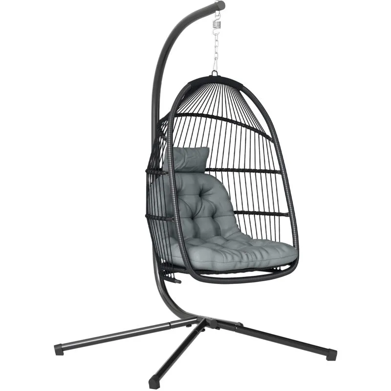 Outsunny Rattan Hanging Egg Chair with Stand, Cushion, Dark Grey