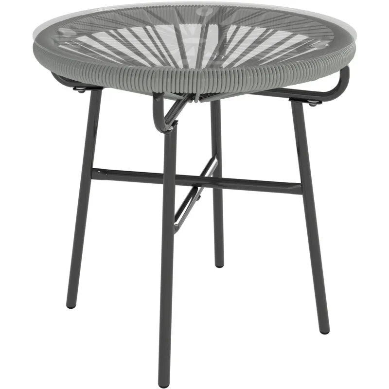 Outsunny Rattan Side Table w/ Tempered Glass Tabletop, Light Grey
