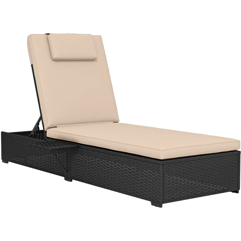 Outsunny Rattan Sun Lounger, Garden Recliner w/ 5-Level Back, Cushion, Black