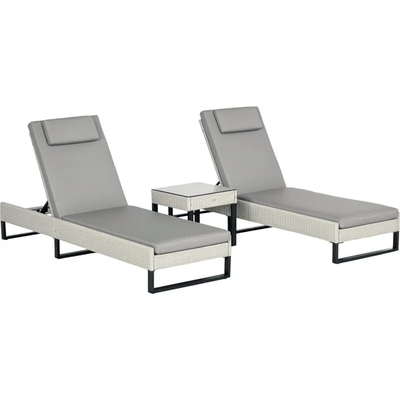 Outsunny Rattan Sun Lounger Set w/ Cushions, 5-Level Chaise Lounge Chairs Grey