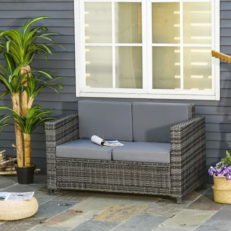 Outsunny Rattan Wicker 2-seat Sofa Loveseat Padded Garden Furniture Grey Grey