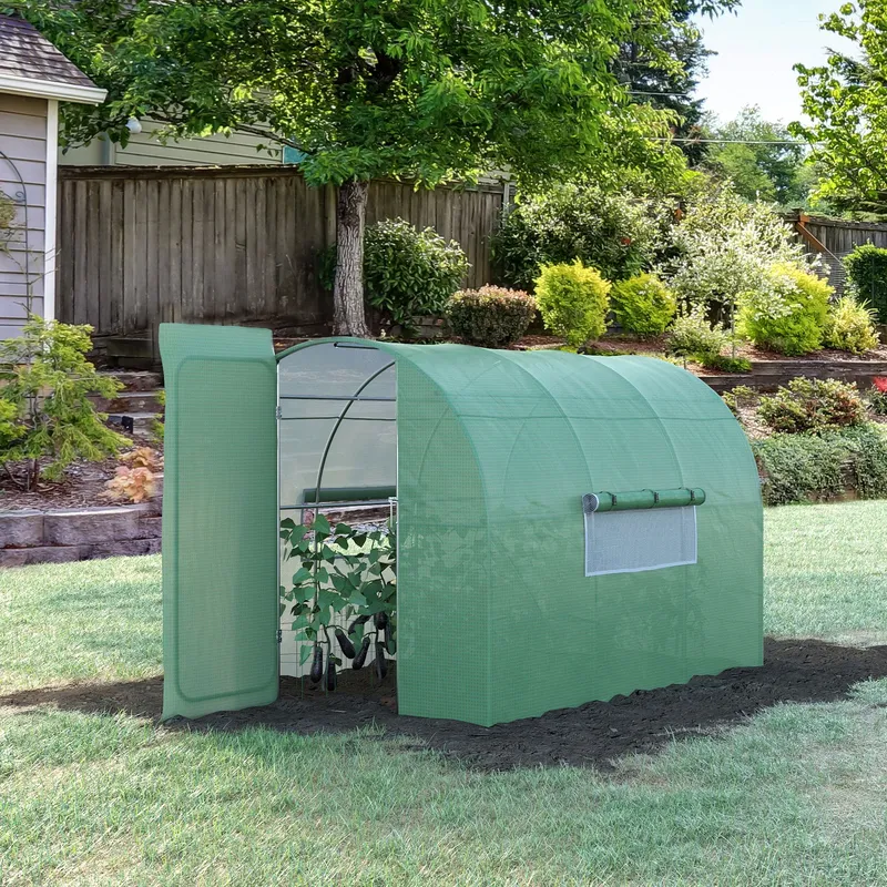 Outsunny Reinforced Walk-in Polytunnel Garden Greenhouse Steel Frame in Green Green