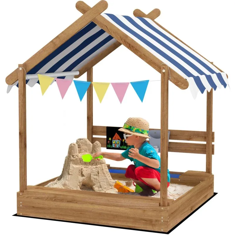 Outsunny - Sand Pit with Canopy, Blackboard, Toys, Sink, Seats, Flags for Kids