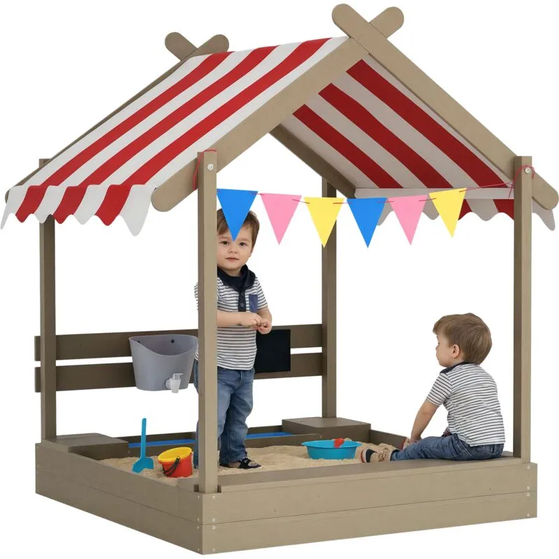 Outsunny - Sand Pit with Canopy, Blackboard, Toys, Sink, Seats, Flags for Kids