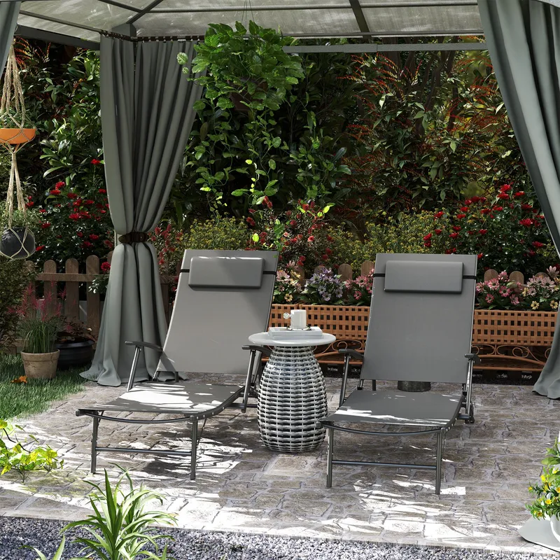 Outsunny Set of 2 Garden Sun Loungers, Folding Chaise Lounge Chairs, Grey Grey