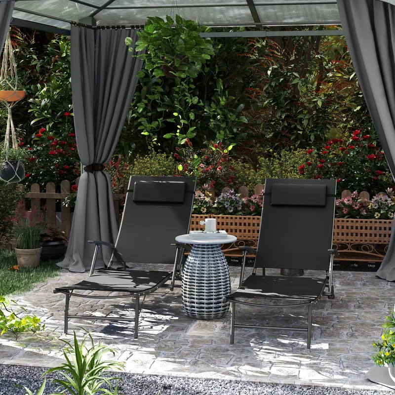 Outsunny Set of 2 Garden Sun Loungers, Folding Chaise Lounge Chairs in Black Black