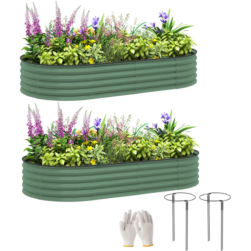 Outsunny - Set of 2 Raised Beds for Garden with Metal Plant Stakes, Green
