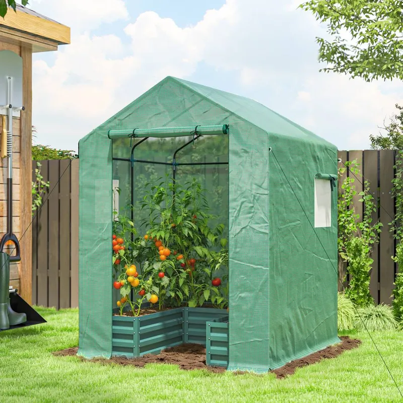 Outsunny Small Greenhouse Outdoor Greenhouse with Roll Up Door, Green Green