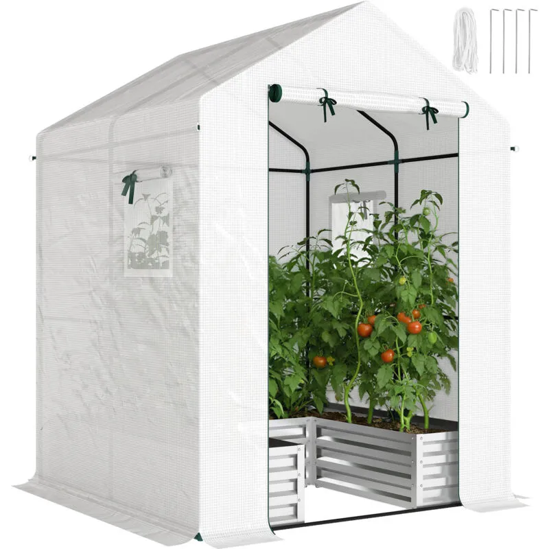 Outsunny Small Greenhouse Outdoor Greenhouse with Roll Up Door, White