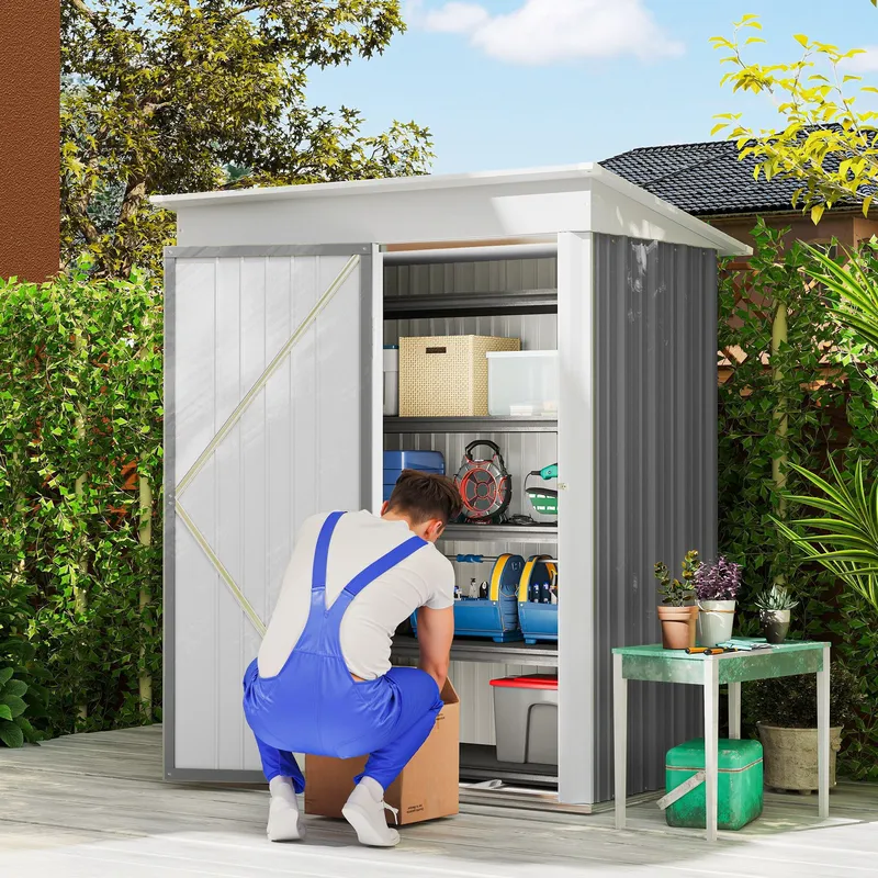 Outsunny Steel Garden Shed, Small Lean-to Shed for Bike in Grey Grey