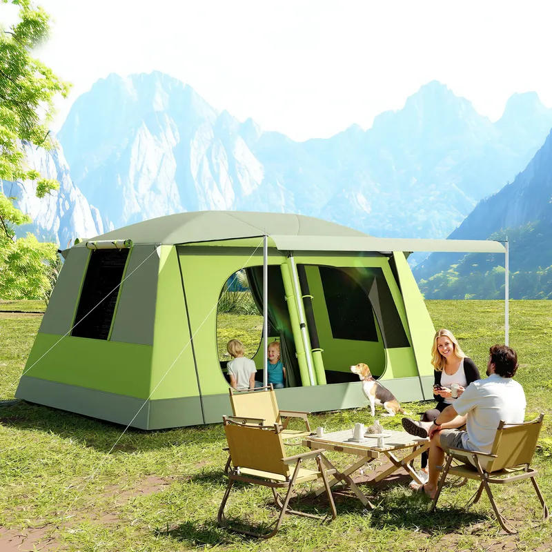 Outsunny Two Room Dome Tent w/ Porch for 4-8 Man, Camping Backpacking Shelter w/ Mesh Windows, Zipped Doors, Lamp Hook & Portable Carry Bag Aosom UK