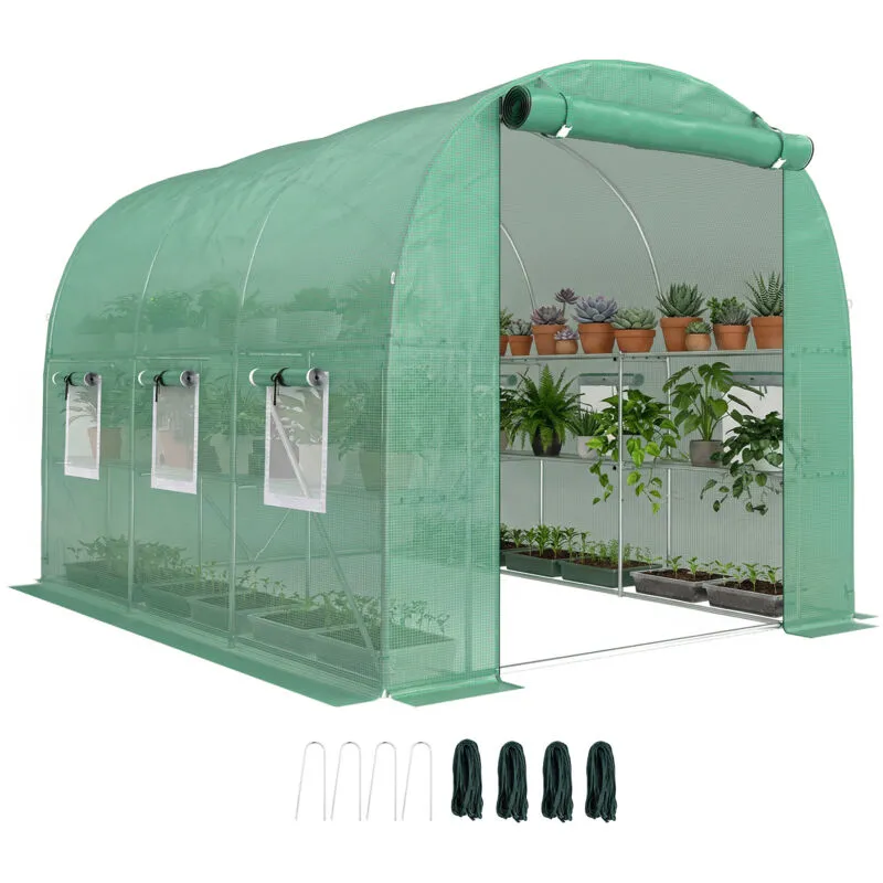 Outsunny Walk-in Greenhouse with Shelves, Green House with Mesh Windows