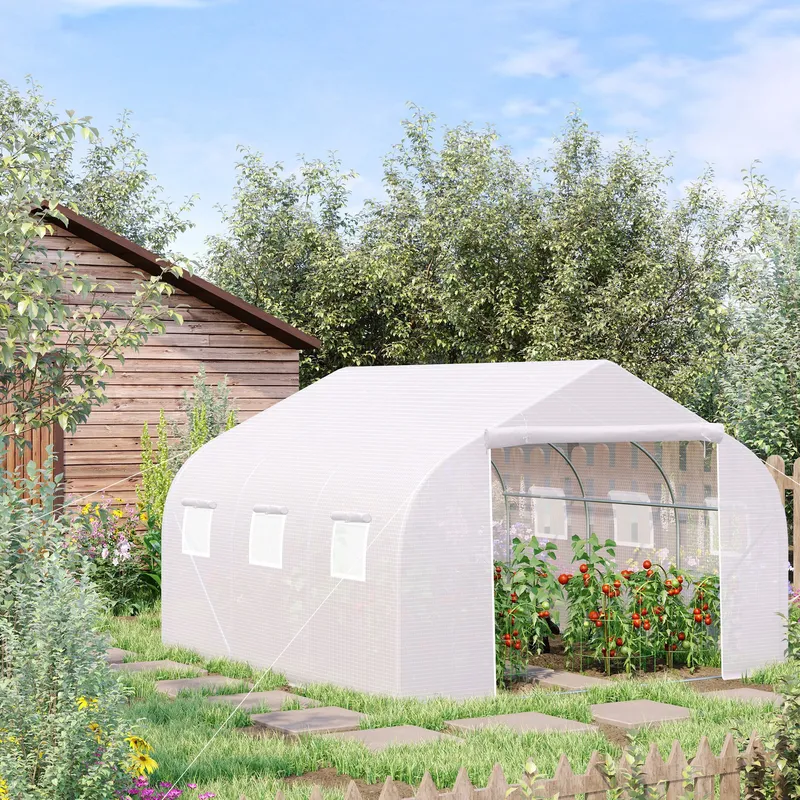 Outsunny Walk-In Polytunnel Greenhouse w/ Roll Up Door Windows, White White