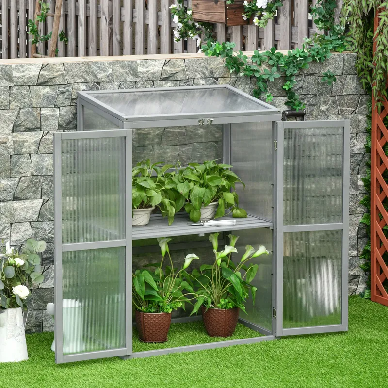 Outsunny Wood Cold Frame Greenhouse Outdoor Indoor PC Board 76 x 47 x 110cm in Light Grey Size: 76 x 47 x 110 cm Light Grey 76 x 47 x 110 cm
