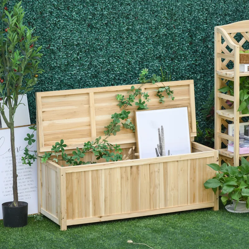 Outsunny Wood Storage Bench for Patio, Outdoor Garden Seating in Natural Natural